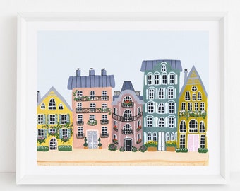 Colorful Houses - City Street Art Print Painting - Paris Europe Charming Travel Artwork Wall Decor