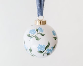 Blue Hydrangea on White - Hand Painted Ceramic Christmas Ornament Retro Curve Hamptons hydrangeas grandmillenial chiffon ribbon holiday gift