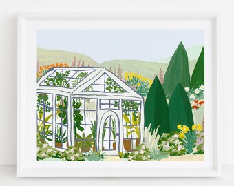 Plant Lady Painted Greenhouse Art Print - English Garden Green House Roses Tulips Fiddle Leaf Fig Tree Children's Illustration Gouache