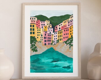 Cinque Terre Italian Riviera Coast Colorful City Houses - Art Print Painting - Italy Amalfi Europe Charming Travel Artwork Wall Decor