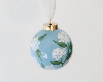 White Hydrangea on Blue - Hand Painted Ceramic Christmas Ornament Retro Curve Hamptons hydrangeas grandmillenial chiffon ribbon holiday gift