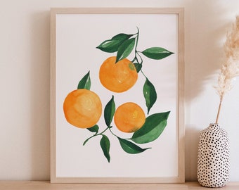 Oranges Citrus Fine Art Print - Orange Artwork modern watercolor illustration fruit yellow orange green boho home decor