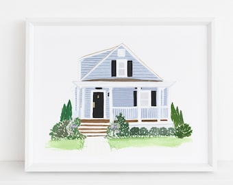 Custom House Portrait - Children's Book Illustration Style - personalized bespoke home painting gouache watercolor housewarming realtor gift