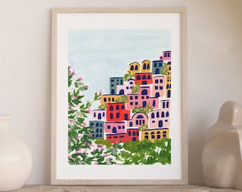 Positano Italy Amalfi Coast Colorful City Houses - City Street Art Print Painting - Italian Europe Charming Travel Artwork Wall Decor