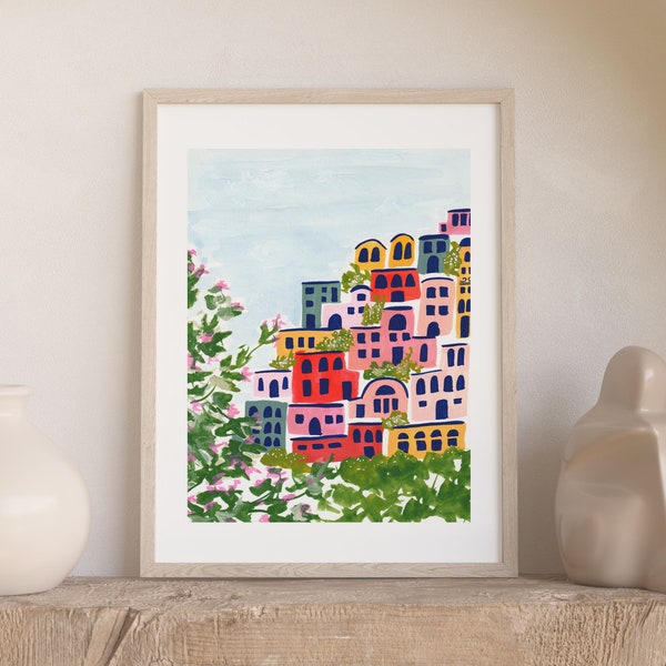 Positano Italy Amalfi Coast Colorful City Houses - City Street Art Print Painting - Italian Europe Charming Travel Artwork Wall Decor