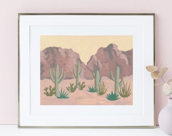 Arizona Red Rock Desert Landscape Art Print - Saguaro Cactus Painting boho bohemian acrylic gouache watercolor muted neutral color scheme