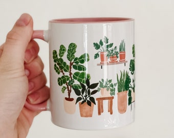 Plants Make People Happy Mug with Pink Accents - Plant Lady Houseplant coffee cup fiddle leaf fig monstera snake pothos