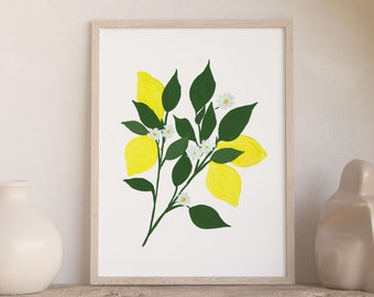 Lemons with White Blossoms Watercolor Art Print - 8x10 home decor wall artwork office trendy lemons greenery kitchen office botanical garden