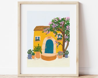 French Riviera Italy Amalfi Coast Colorful City House Art Print Painting - Italian Mediterranean Europe Charming Travel Artwork Wall Decor