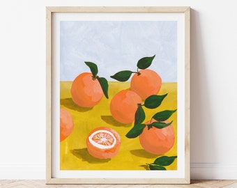 Oranges on Tablecloth Still Life - Citrus Fine Art Print Orange Artwork modern illustration fruit yellow orange green boho home decor