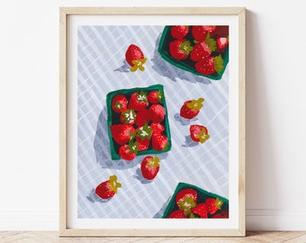 Picnic - Strawberry Kitchen Still Life Fine Art Print - Artwork modern watercolor illustration strawberries boho home decor berry berries