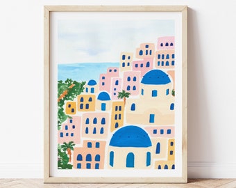 Santorini Greece Mediterranean Coast Colorful City Houses - City Street Art Print Painting Italian Europe Charming Travel Artwork Wall Decor