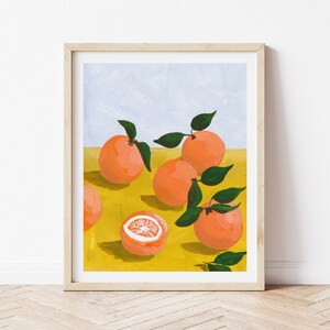 Oranges on Tablecloth Still Life - Citrus Fine Art Print Orange Artwork modern illustration fruit yellow orange green boho home decor