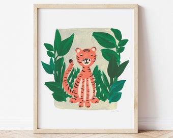 Jungle Tiger Art Print - Children's Illustration Painting for Playroom or Nursery palms palm leaves boho modern children's book kids room