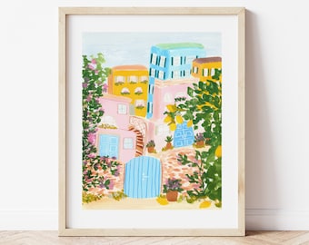 Sorrento Italy with Lemon Trees and Colorful Houses - City Street Art Print Painting - Italian Europe Charming Travel Artwork Wall Decor