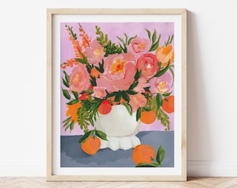 Pink Peonies and Citrus in Vase - Still Life Fine Art Painting Print Peony Garden Rose Oranges Home Decor Wall Art Lilac Dusty Blue