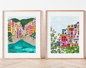 Set of 2 Italy Art Prints -Positano Amalfi Coast Cinque Terre Italian Riviera Colorful City Houses Painting Europe Travel Artwork Wall Decor