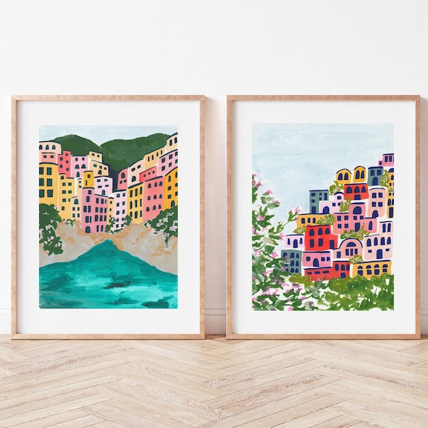 Conjunto de 2 impresiones de arte de Italia -Positano Costa de Amalfi Cinque Terre Riviera italiana Casas de ciudad coloridas pintura Europa Viajes Obras de arte Decoración de pared
