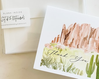 Arizona Desert Superstition Mountains - Set of 5 Thank You Notecards with Envelopes - Blank Inside Size A2