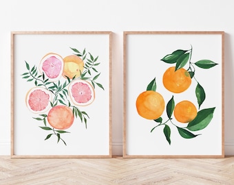 Set of 2 Oranges and Grapefruit Citrus Fine Art Prints - Orange Artwork modern watercolor illustration fruit yellow orange boho home decor