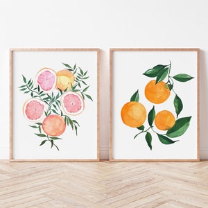 Set of 2 Oranges and Grapefruit Citrus Fine Art Prints Orange Artwork modern watercolor illustration fruit yellow orange boho home decor image 1