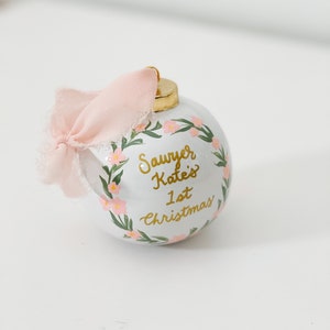 Baby's First Christmas Custom Ceramic Christmas Ornament - Hand Painted Pink and Blue Floral Wreath Newborn Gift Holidays Tree 2021
