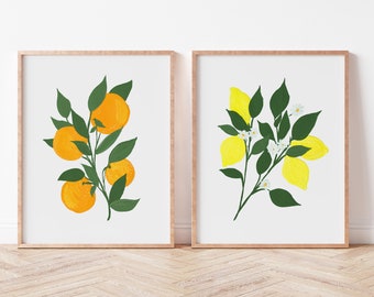 Set of 2 Navel Oranges and Meyer Lemon Citrus Fine Art Prints - Orange Artwork modern watercolor illustration fruit yellow boho home decor