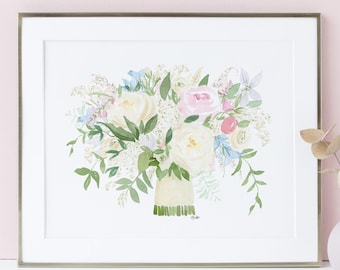 Wedding Bouquet Custom Watercolor Painting - Bespoke Heirloom Floral Fine Art Print Wall Art wedding bridal shower gift keepsake