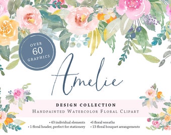 Amelie Hand Painted Flower Watercolor Clipart Personal Commercial Use peony rose lemon kumquat floral wreath Paris garden pink yellow soft