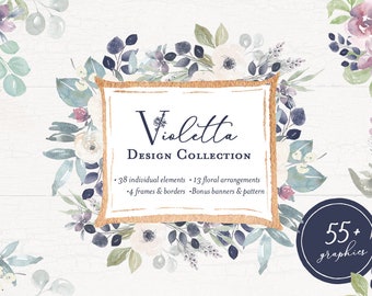 Violetta Hand Painted Flower Watercolor Clipart Personal Commercial Use violet indigo purple peony rose floral anemone garden yellow soft