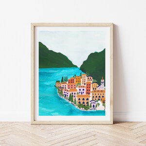 Lake Como Italy Coast Colorful City Houses - City Street Art Print Painting - Italian Europe Charming Travel Artwork Wall Decor