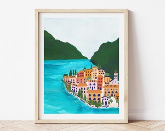 Lake Como Italy Coast Colorful City Houses - City Street Art Print Painting - Italian Europe Charming Travel Artwork Wall Decor