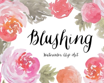 Blushing Hand Painted Watercolor Clipart Clip Art - Personal and Commercial Use peony peonies pink peach wedding stationery stickers blush