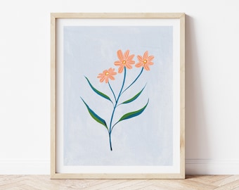 Pink and Blue Wildflower Folk Art Painting - botanical floral antique vintage wall art print retro watercolor acrylic gouache 8x10