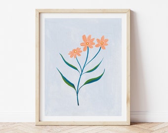 Pink and Blue Wildflower Folk Art Painting - botanical floral antique vintage wall art print retro watercolor acrylic gouache 8x10