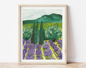 Lavender Flower Fields of Provence France Art Print Painting - South of France Mediterranean Europe Charming Travel Artwork Wall Decor