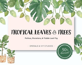 Tropical Leaves and Trees Hand Painted Flower Watercolor Clipart Personal Commercial Use plants fiddle leaf fig monstera modern jungle green