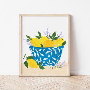 Lemons and Lavender in Blue and White Bowl in Sorrento - Citrus Fruit Art Print Painting Italy Europe Charming Travel Artwork Wall Decor