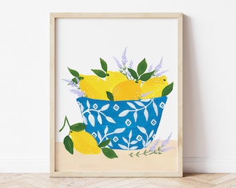 Lemons and Lavender in Blue and White Bowl in Sorrento - Citrus Fruit Art Print Painting Italy Europe Charming Travel Artwork Wall Decor