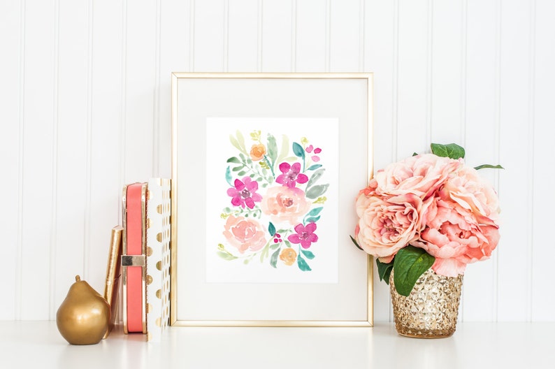 Pink Peonies Watercolor Flower Art Print Home Decor Wall Etsy