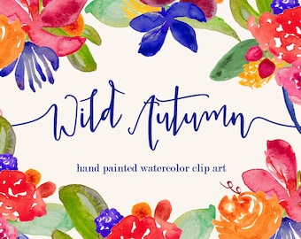 Wild Autumn Hand Painted Watercolor Clipart Clip Art - Personal and Commercial Use fall peony ranunculus posy blossom rose red pink green
