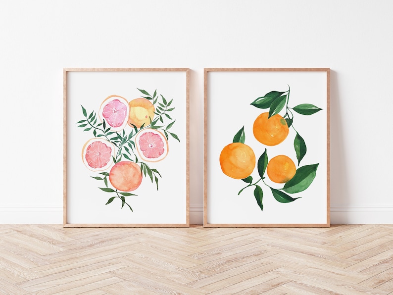 Set of 2 Oranges and Grapefruit Citrus Fine Art Prints Orange Artwork modern watercolor illustration fruit yellow orange boho home decor image 1