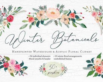 Winter Botanicals Floral Hand Painted Watercolor Clipart Clip Art Personal and Commercial Use blossom rose evergreen pine peony red green