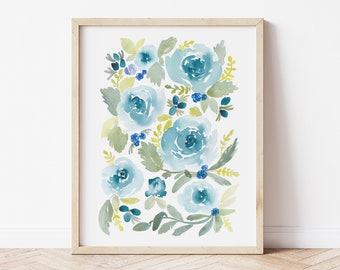 Blue Flowers Watercolor Flower Floral Art Print - home decor wall artwork peonies rose garden boho jungle jungalow bohemian eclectic