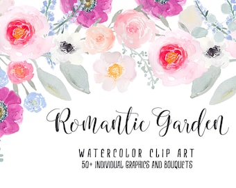 Romantic Garden Hand Painted Watercolor Clipart Clip Art Personal Commercial Use peony ranunculus posy blossom rose pink gold ethereal soft