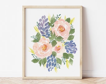 Peach Roses and Purple Hyacinth Watercolor Flower Floral Art Print - home decor wall artwork plant lady koko loko roses cafe au lait