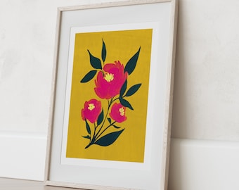 DIGITAL INSTANT DOWNLOAD- Peony Folk Art Painting botanical floral vintage modern style mustard wall art retro vibe hot pink watercolor