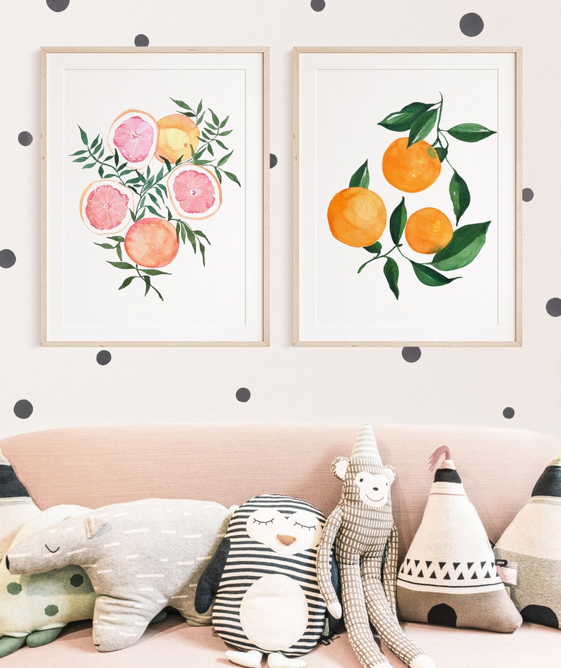 Set of 2 Oranges and Grapefruit Citrus Fine Art Prints Orange Artwork modern watercolor illustration fruit yellow orange boho home decor image 2