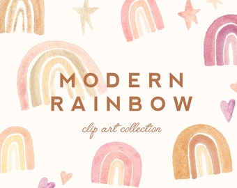 Modern Rainbow Watercolor Clip Art  - Personal Commercial Use clipart rainbows star heart magical peach pink mid century mod