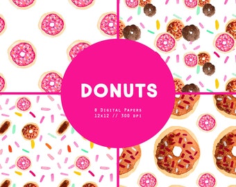 Watercolor Donuts Pastry Pattern Digital Paper - dougnuts bakery sprinkles frosting cake stand platter strawberry chocolate pink confetti